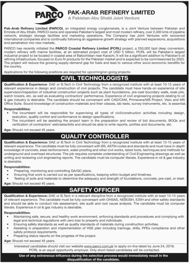 Pak Arab Refinery Limited Jobs