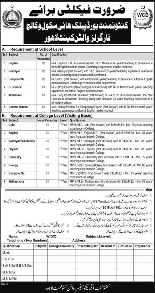 Cantonment Board Lahore Jobs 2018