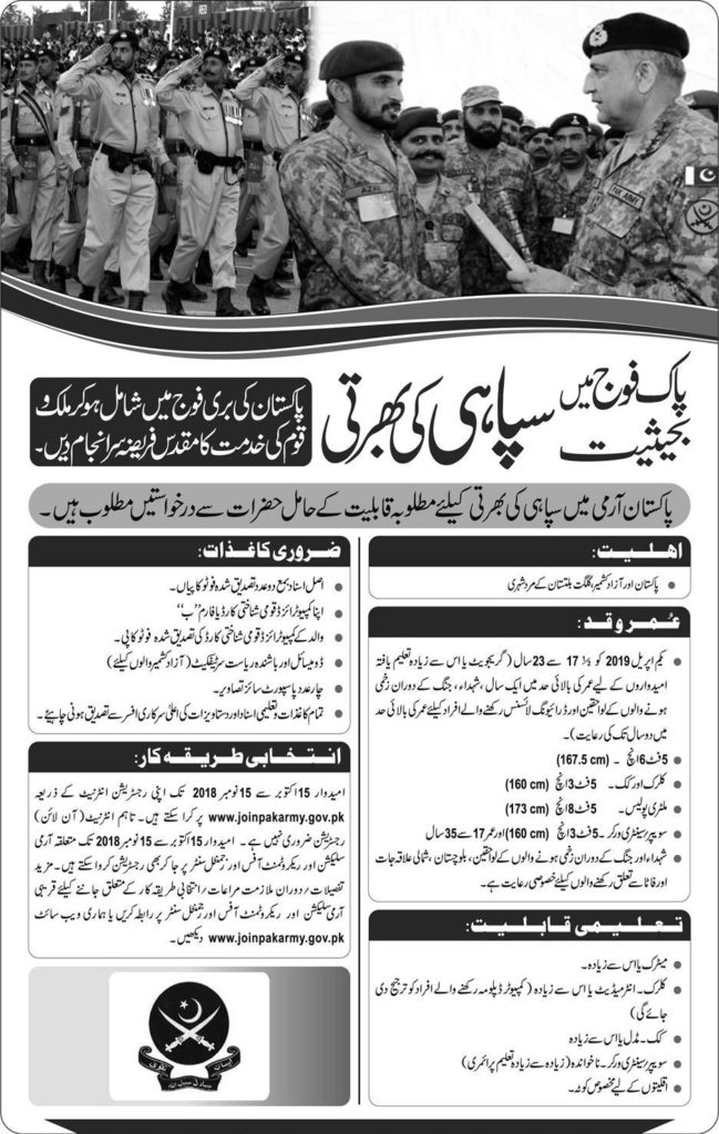 Join Pak Army as Soldier 2018