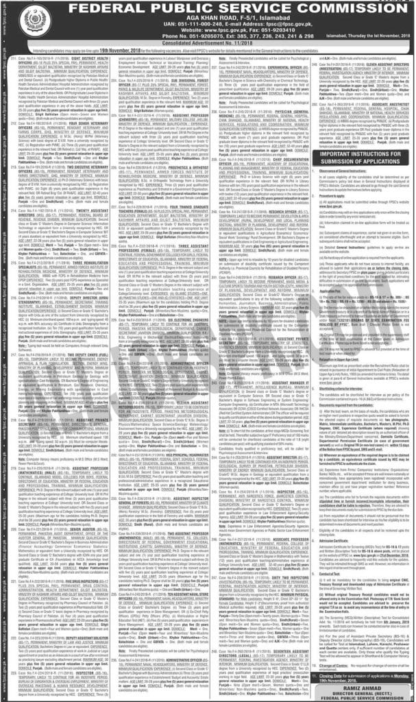 FPSC Jobs November 2018