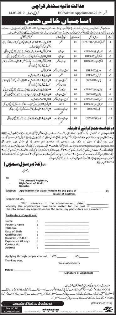 Sindh High Court Jobs 2019