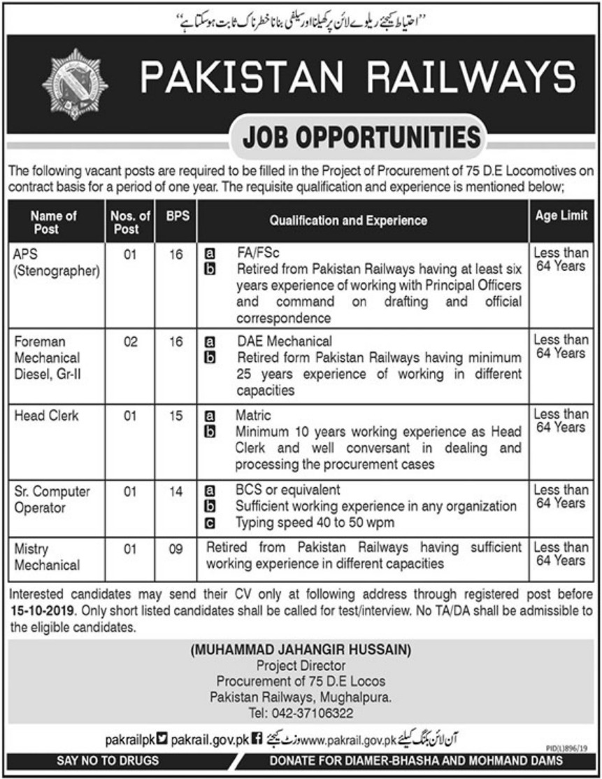 Pakistan Railway Jobs 2019 for Intermediate / Matric Pass