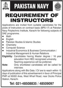 Pakistan Navy Jobs 2021 For Instructors
