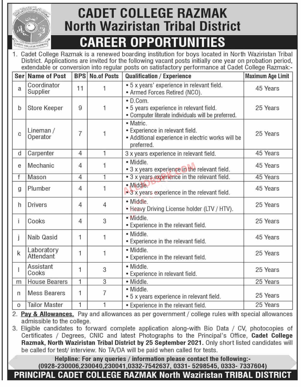 Job in Cadet College Razmak 2021