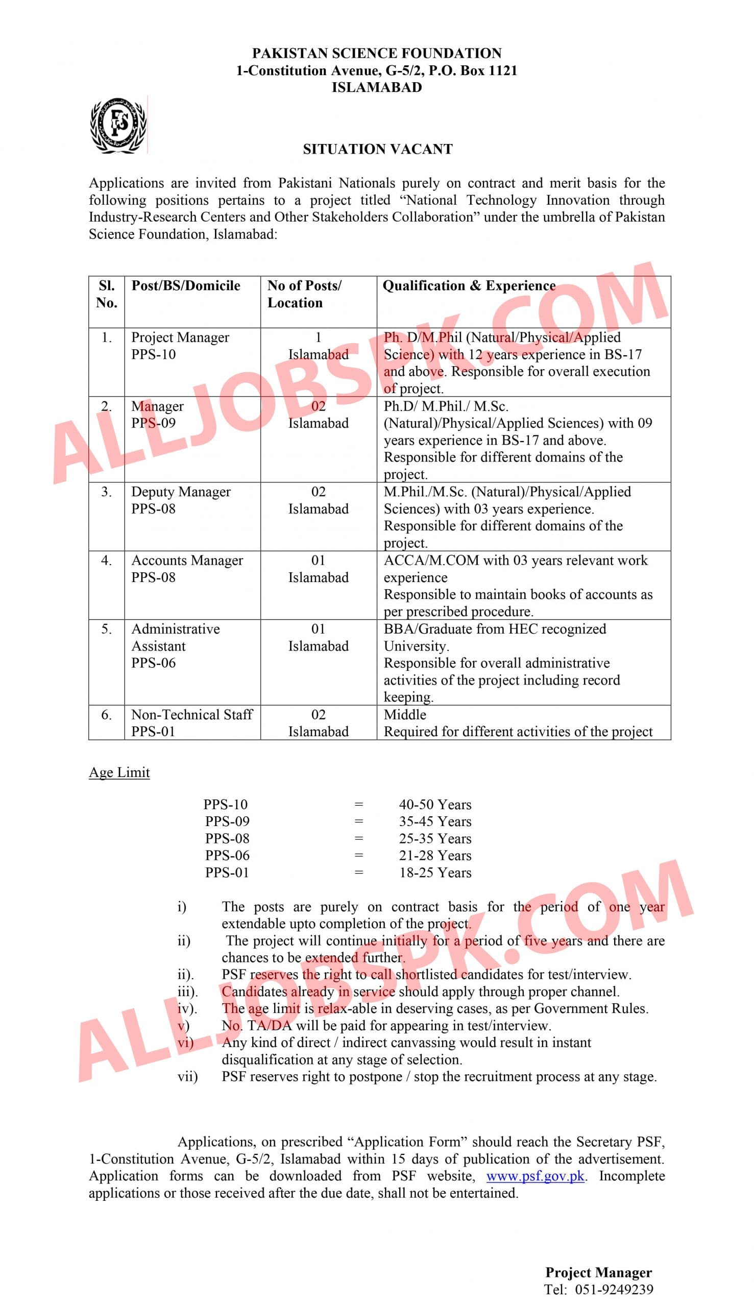 Pakistan Science Foundation Jobs